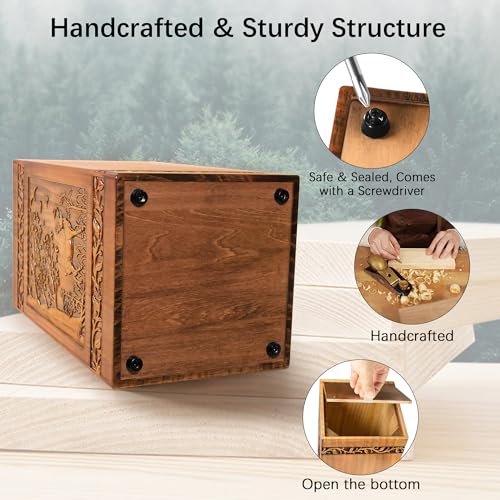 Handmade Wooden Urn for Human Ashes, Urns for Adults Male Female, 250lbs Engraved Burial Cremation Urns for Ashes Men Women(Deer) Aioguisn