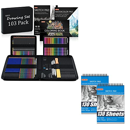 Shuttle Art Drawing Kit and Sketch Pad Bundle, Set of 103 Pack Drawing Kit +260 Sheets Sketch Pad Shuttle Art
