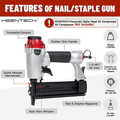 KEENTECH Pneumatic Brad Nailer, 18 GA, 2 in 1 Nail Gun and Crown Stapler Fires 2 Inch Brad Nailes and 1-5/8 Inch Crown Staples, for Carpentry, DIY - WoodArtSupply