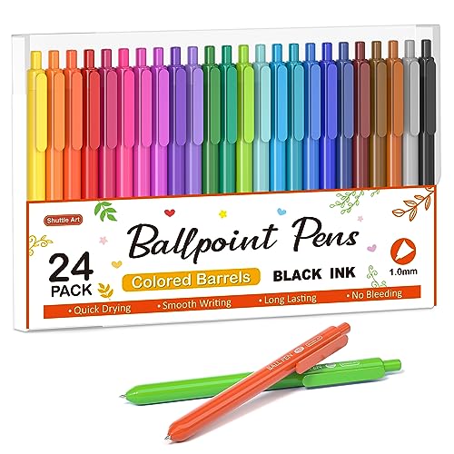 Shuttle Art Ballpoint Pens, 24 Pack Colored Retractable Black Ink Ball Point Pens, Cute Pens 1.0mm Medium Point Quick Drying for Writing Journaling Shuttle Art