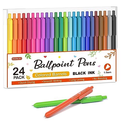 Shuttle Art Ballpoint Pens, 24 Pack Colored Retractable Black Ink Ball Point Pens, Cute Pens 1.0mm Medium Point Quick Drying for Writing Journaling - WoodArtSupply