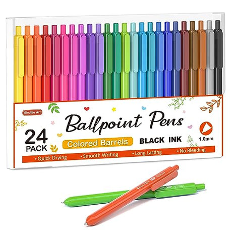Shuttle Art Ballpoint Pens, 24 Pack Colored Retractable Black Ink Ball Point Pens, Cute Pens 1.0mm Medium Point Quick Drying for Writing Journaling Shuttle Art