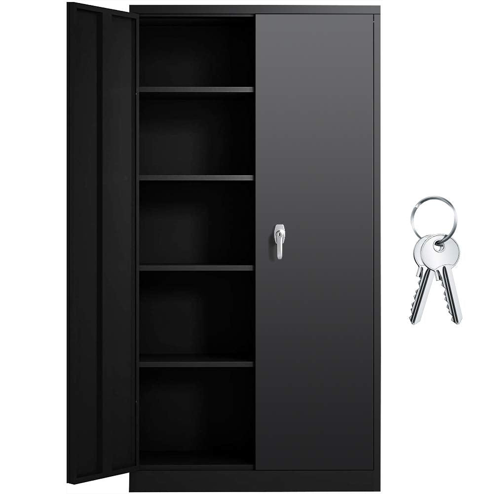 INTERGREAT Black Metal Storage Cabinet Doors, 72" Locking Steel Storage Cabinet with Shelves, Tall Metal Cabinet Lockable Steel Cabinets for Home