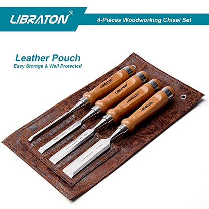 Libraton Woodworking Chisel Set, 4pcs Cr-V Wood Chisels Set, Professional Chisels with Leather Pouch for Carpenter, Christmas Gift for Man - WoodArtSupply