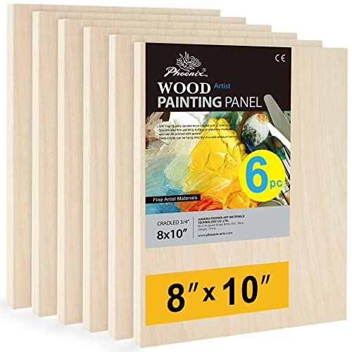 PHOENIX 8x10 Inch Unfinished Birch Wood Panel Boards for Painting - 6 Pack Professional 3/4" Wooden Cradled Panels for Mixed-Media Painting,