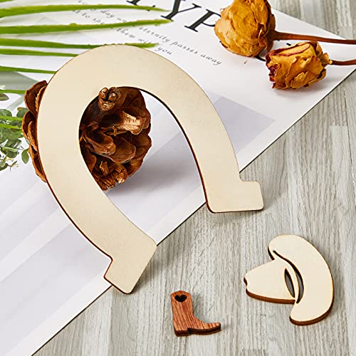 72 Pieces Unfinished Cowboy Wooden Cutouts Horseshoe Shape Wood Discs Slices Wood Cowboy Boot Hat Cutouts Wood Cowboy Theme Crafts for Western Cowboy Chinco