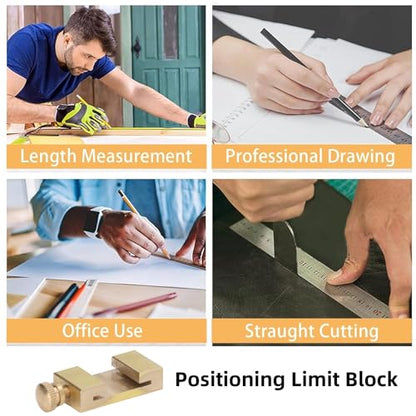 AYNEFY Woodworking Ruler Positioning Adjuster Scribing Locator, Ruler Stops Fences Woodworking Scribing Steel Ruler Positioning Block Angle Line - WoodArtSupply