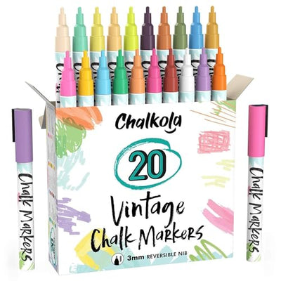 Fine Tip Liquid Chalk Markers for Chalkboard (20 Vintage Colors) - Dry Erase Marker Pens for Blackboard, Windows, Chalkboards Signs, Bistro - 3mm