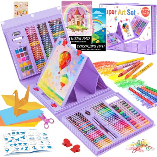 Art Supplies, 272 Pack Art Set Drawing Kit for Girls Boys Teens Artist, Deluxe Gift Art Box with Trifold Easel, Origami Paper, Coloring Pad, Drawing POPYOLA