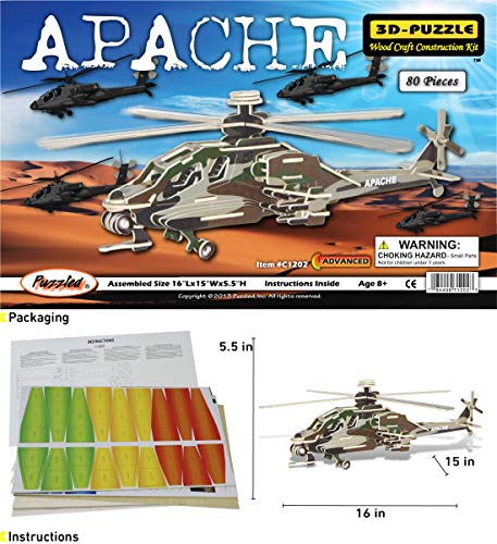 Puzzled 3D Puzzle Apache Helicopter Wood Craft Construction Model Kit, Fun Unique & Educational DIY Wooden Toy Assemble Model Unfinished Crafting Puzzled