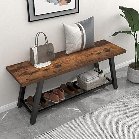 Oastreeful Storage Bench Industrial Rustic Wooden and Metal Entryway Shoe Boots Storage Rack Long Bench Seat for Hallway Bedroom Retro Brown Oastreeful