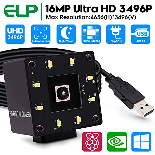 ELP 16mp Day Night USB Camera Auto Focus Webcam for Computer Mini UVC USB2.0 PC Camera IMX298 USB Security Camera 4K Lightburn Camera Industrial CCTV ELP