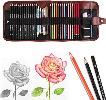 QQQ Sketching Pencil Set Art Pencils Drawing Kit,39 pcs Drawing Set With Sketch Pencils, Watercolor Pencils inside Canvas Rolling Pouch For - WoodArtSupply