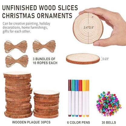 Max Fun Natural Wood Slices 30Pcs 2.4-2.8'' Craft Wood Kit Christmas Ornaments Unfinished Predrilled with Hole Wooden Circles for Arts and Crafts