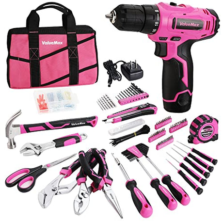 ValueMax Home Tool Kit with Drill, 233-Pieces Pink Tool Set with 12V Cordless Lithium-ion Drill, Power Tool Set with Wide Mouth Open Storage Bag, ValueMax
