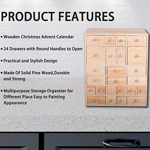 Vencer Wooden Countdown to Christmas Advent Calendar Storage Organizer with 24 Drawers,Jewelry Box,Desktop Organizer,DIY Unfinished Wood,Measures Vencer