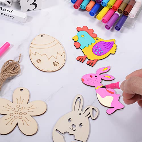 50Pcs Unfinished Wood Easter Ornaments Egg Bunny Chick Flower Cutouts with Holes Wooden Gift Tags Hang Tags Favor Tags Treats Tags with Twines for
