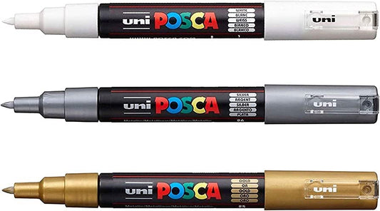 Posca PC-1M Paint Art Marker Pens - Fabric Glass Metal Pen - Set of White + Gold + Silver (1 of Each) - WoodArtSupply