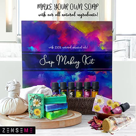 Soap Making Kit for Adults, Make Your Own Soap with Melt and Pour diy Natural Soap supplies; 6 Essential Oils, Silicone Soap Mold, Spoon, Dried ZenseMe