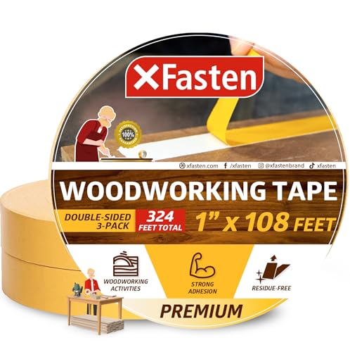 XFasten Double Sided Woodworking Tape, 1-Inch by 36-Yards, 3-Pack - Double Face Woodworker Turner's Tape for Wood Template, Removable & Residue Free XFasten