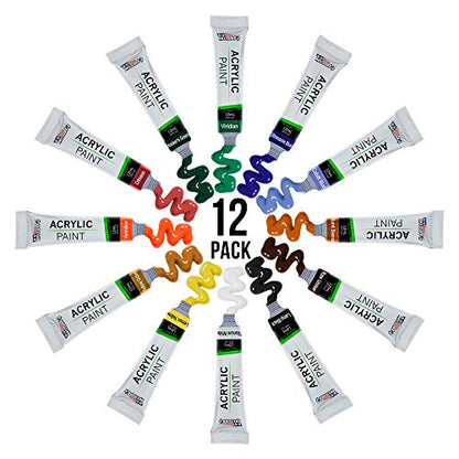 U.S. Art Supply Professional 12 Color Set of Acrylic Paint in 12ml Tubes - Rich Pigment Vivid Colors for Artists, Students, Beginners, Kids, Adults -