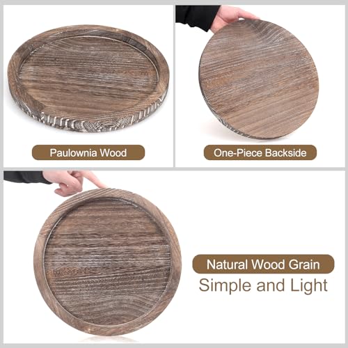 Round Decorative Wood Trays for Coffee Table Counter Farmhouse Kitchen Home Decor Centerpiece Wooden Candle Holder Tray Circular Serving Platters Ayiaren