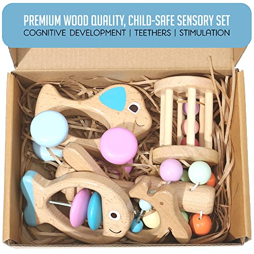 Montessori Mama Wooden Toys for Babies 5-Piece Collection - Multi-Sensory Learning Rattle for Babies - Infant Wooden Toy Set Baby Weights Toys - - WoodArtSupply