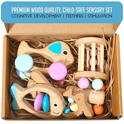 Montessori Mama Wooden Toys for Babies 5-Piece Collection - Multi-Sensory Learning Rattle for Babies - Infant Wooden Toy Set Baby Weights Toys - - WoodArtSupply