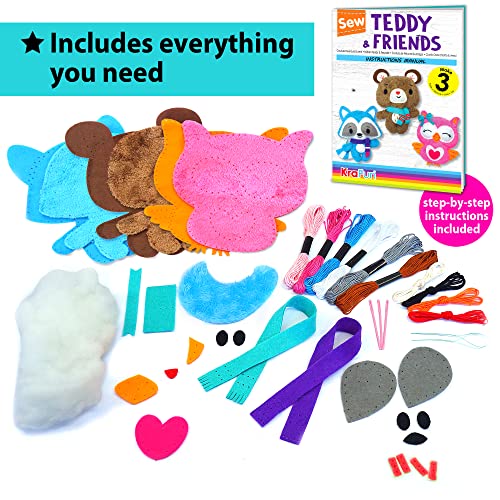 KRAFUN Sewing Kit for Kids Age 7 8 9 10 11 12 Beginner My First Art & Craft, Includes 3 Stuffed Animal Dolls Teddy, Raccoon and Owl, Instructions & KRAFUN