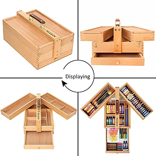 MEEDEN Artist Supply Storage Box - Portable Foldable Multi-Function Beech Wood Artist Tool & Brush Storage Box with Compartments & Drawer for MEEDEN