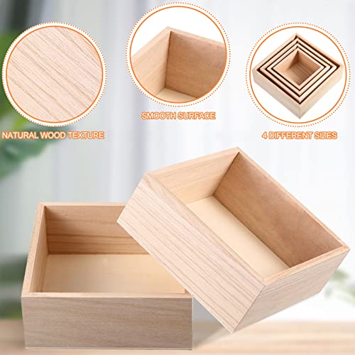 16 Pcs Unfinished Wooden Boxes 4 Size Wood Box Rustic Wooden Boxes for Crafts Wooden Crates Square Storage Centerpiece Boxes for Table Home Drawer