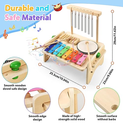 Kids Drum Set,Baby Musical Instrument for Toddler,Wooden Xylophone for Toddlers with Baby Drum Set and Wind Chime,Montessori Musical Instruments Toys - WoodArtSupply