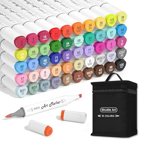 Shuttle Art Alcohol Markers Brush tip, Dual Tip Brush & Chisel Tip Art Marker Set, 50 Colors plus 1 Blender Permanent Marker Pens with Case Perfect Shuttle Art