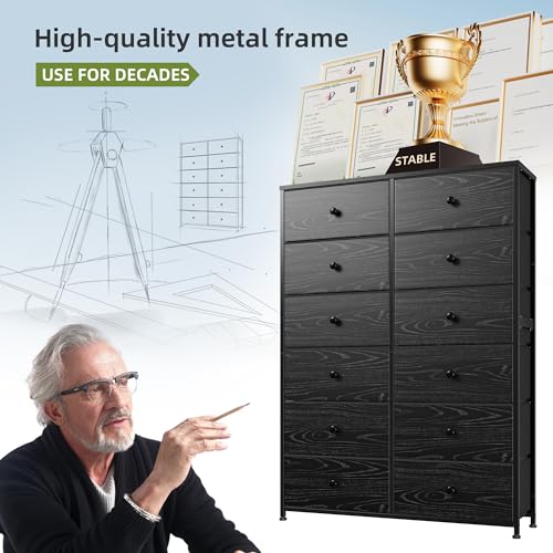 EnHomee Tall Dressers for Bedroom, 12 Drawer with Wooden Top and Metal Frame, Fabric Dresser & Chest of Drawers for Closet Living Room, Black Wood EnHomee