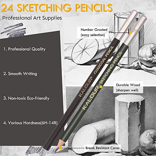 KALOUR 72-Pack Sketch Drawing Pencils Kit with Sketchbook and 3-color Drawing Paper,Tin Box,Include Graphite,Charcoal,Drawing Glove and Artists KALOUR