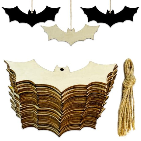 30pcs Unfinished Halloween Bat Wood DIY Crafts Cutouts Wooden Bat Shaped Hanging Ornaments for Halloween Party Haunted House Decorations JEKEJIAJIU