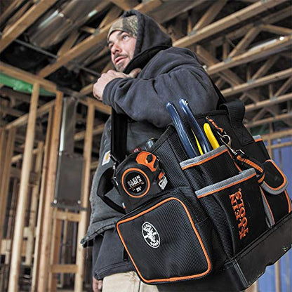 Klein Tools 5541610-14 Tool Bag with Shoulder Strap Has 40 Pockets for Tool Storage and Orange Interior - WoodArtSupply