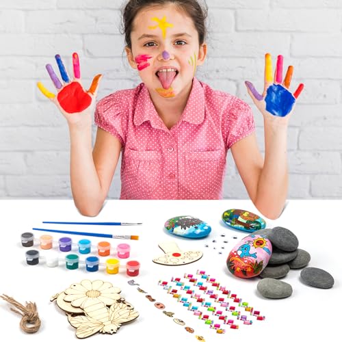 WhistenFla Premium Rock Painting Kit, DIY Arts and Crafts Supplies Kits for 10 Paint Rocks and 8 Wood, Creative Outdoors Activity Kit, Craft Kits Art