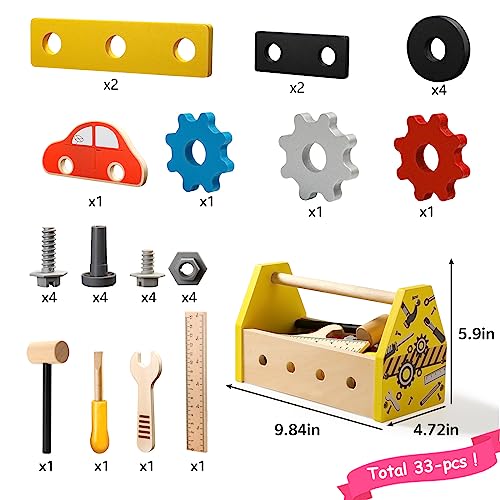 (33-Piece) Wooden Kids Tool Set with Tool Box and Accessory Kits -Toddler Tools Set - Montessori Educational STEM Toys for 2 3 4 5 6 Year Old Boys
