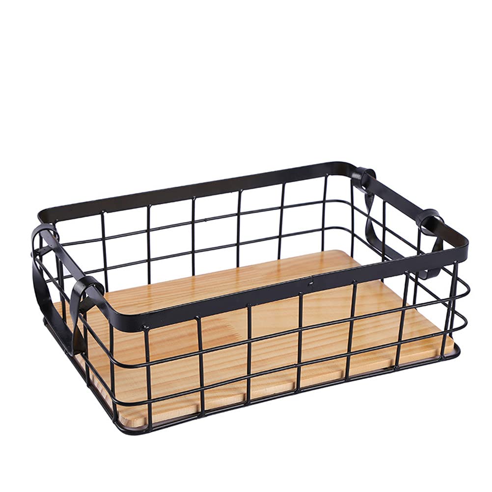 Small Metal Wire Storage Basket, Wood Base Storage Organizer Bin Basket for Kitchen Cabinets, Bathroom, Pantry, Garage, Laundry Room Cabilock
