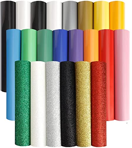 Iron on Vinyl Heat Transfer Vinyl 22 Pack Includes 16 Pack Assorted Colors Sheets and 6 Pack Glitter Sheets for T-Shirts Works with Cricut, - WoodArtSupply