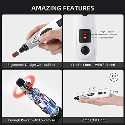 Rotary Tool Kit, Towallmark Cordless Rotary Tool 3.6V with 50 Accessories, USB Rechargeable, 3 Speed Mini Rotary Tool Multi-Purpose for Sanding, Towallmark