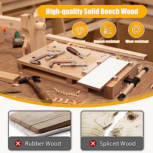 Woodworking Bench Vise - Hard Wood, Dual Guide Rods, 4 Bench Dogs, 2 Clips - Portable Quick Release Front Vise, Workbench Wood Vise Work Bench