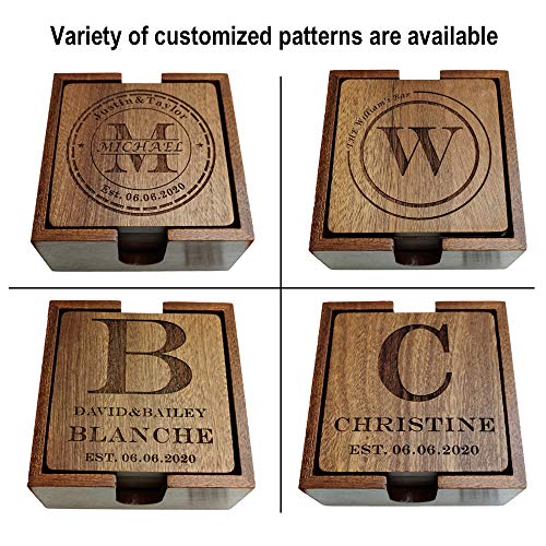 Personalized Coasters, Custom Engraved Wood Coasters for Drinks, Monogram Coasters with Holder, Wedding Gifts, Parents Gifts (M) Mojia