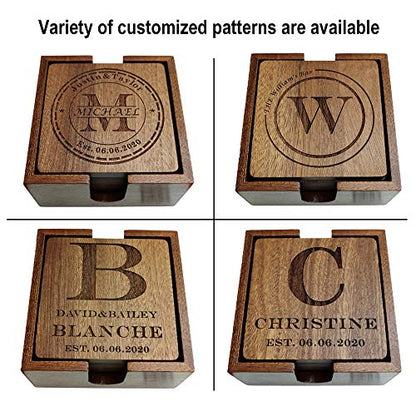 Personalized Coasters, Custom Engraved Wood Coasters for Drinks, Monogram Coasters with Holder, Wedding Gifts, Parents Gifts (M) - WoodArtSupply