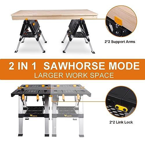 WORKESS Portable Workbench & Sawhorse, 440Lbs/1000Lbs Capacity Heavy Duty Folding Work Table, 21.5"-32.5" Adjustable Height with Clamping System, 2 x