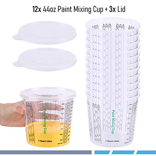 CANOPUS Paint Mixing Cups, Pack of 12 Cups with 3 Lids, 44-fl oz, Solvent Resistant, Reusable Clear Plastic Cups for Paint, Epoxy, Resin, Oil, CANOPUS