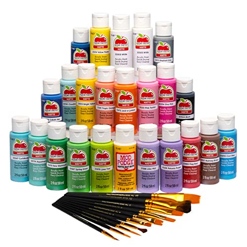 Apple Barrel Art Lessons Paint and Brush Set, 34 pc Kit Including 23 2 fl oz Apple Barrel Acrylic Paint Colors, 1 2 fl oz bottle of Mod Podge Matte, Apple Barrel