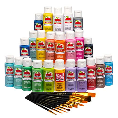 Apple Barrel Art Lessons Paint and Brush Set, 34 pc Kit Including 23 2 fl oz Apple Barrel Acrylic Paint Colors, 1 2 fl oz bottle of Mod Podge Matte, Apple Barrel