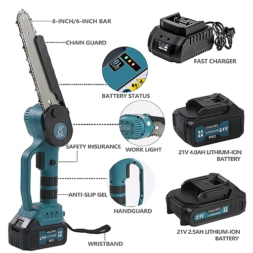 Electric Mini Chainsaw Cordless 8 Inch 6 Inch 2-in-1 Battery Powered Handheld Chainsaw with Brushless Motor，2pc 21v Battery（4.0AH+2.5AH) for Trimming - WoodArtSupply